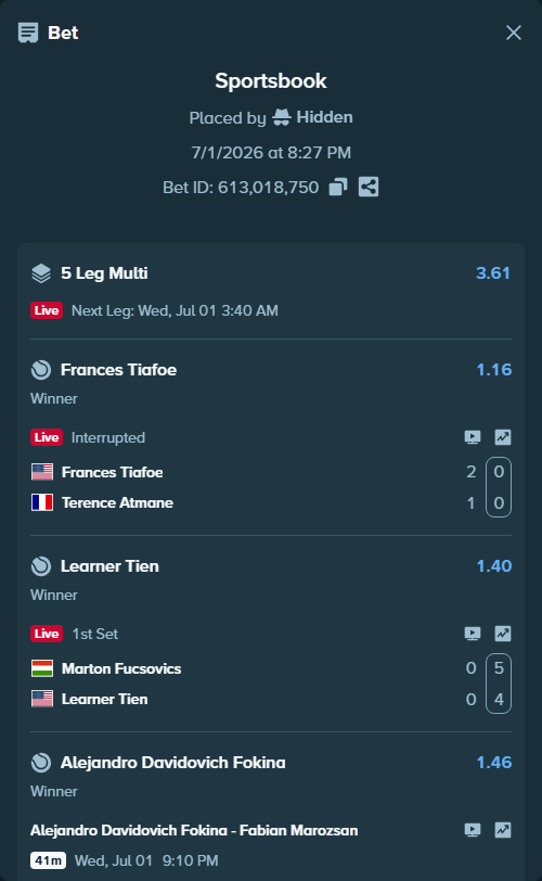 Bet slip: Marton Fucsovics - Learner Tien, $21,447.15 stake at 1.40 odds, placed by Hidden