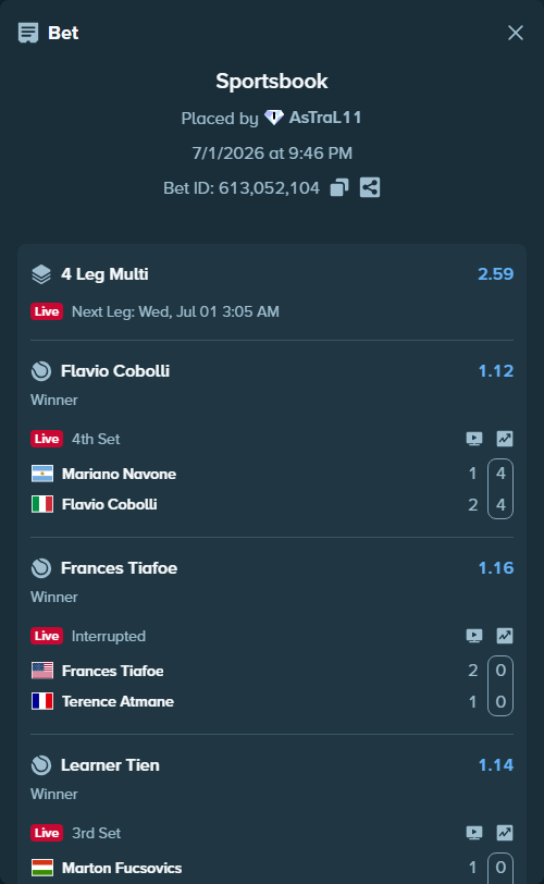 Bet slip: Marton Fucsovics - Learner Tien, $25,024.00 stake at 1.14 odds, placed by AsTraL11