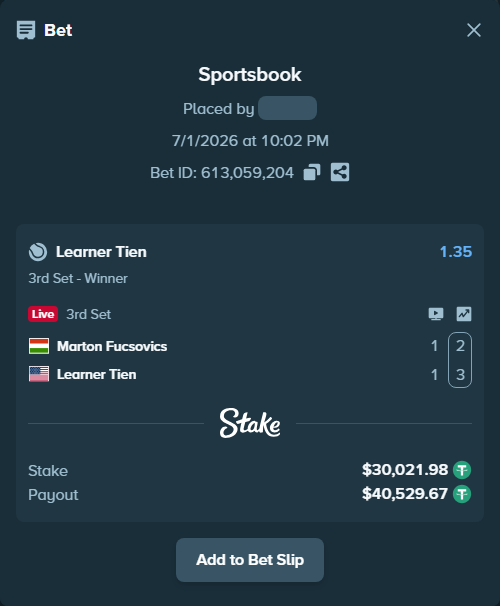 Bet slip: Marton Fucsovics - Learner Tien, $30,052.00 stake at 1.35 odds, placed by piropiro12