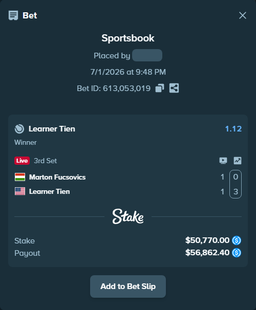 Bet slip: Marton Fucsovics - Learner Tien, $50,770.00 stake at 1.12 odds, placed by piropiro12