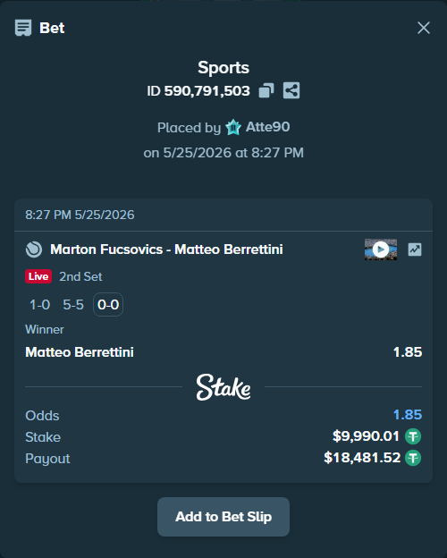 Bet slip: Marton Fucsovics - Matteo Berrettini, $10,000.00 stake at 1.85 odds, placed by Atte90