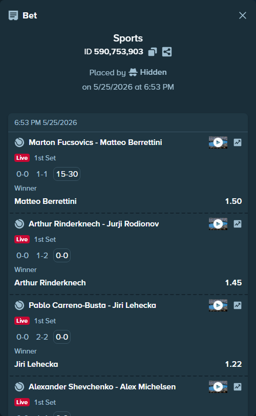 Bet slip: Marton Fucsovics - Matteo Berrettini, $15,000.00 stake at 1.50 odds, placed by Hidden