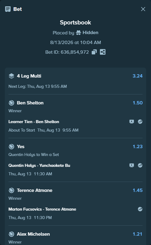 Bet slip: Marton Fucsovics - Terence Atmane, $24,509.30 stake at 1.45 odds, placed by Hidden