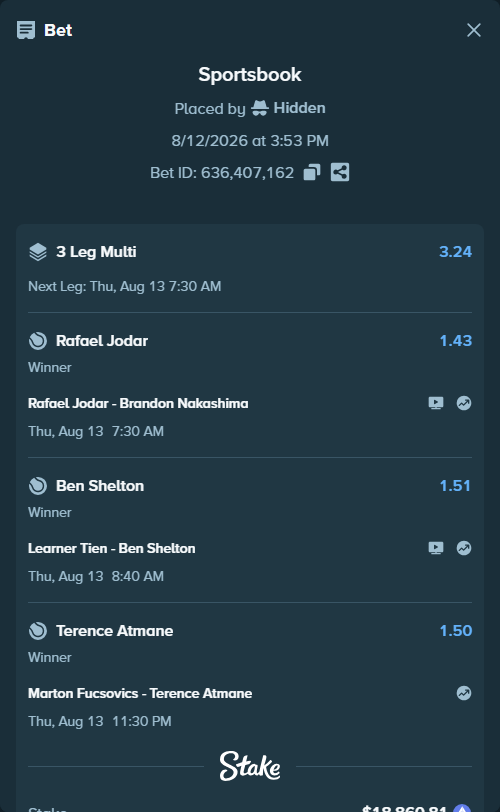 Bet slip: Marton Fucsovics - Terence Atmane, $18,889.80 stake at 1.50 odds, placed by Hidden