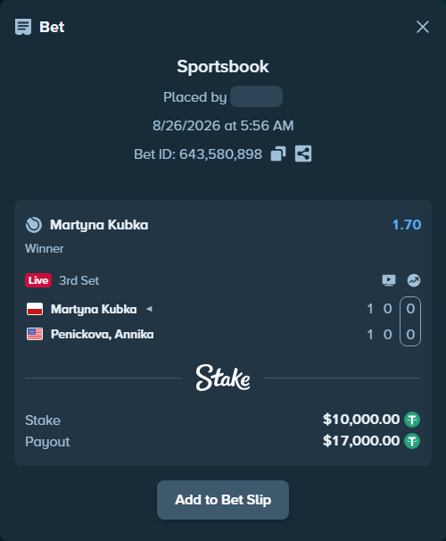 Bet slip: Martyna Kubka - Penickova, Annika, $10,000.00 stake at 1.70 odds, placed by Mishobg86