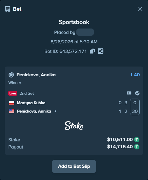 Bet slip: Martyna Kubka - Penickova, Annika, $10,511.00 stake at 1.40 odds, placed by mingyujj