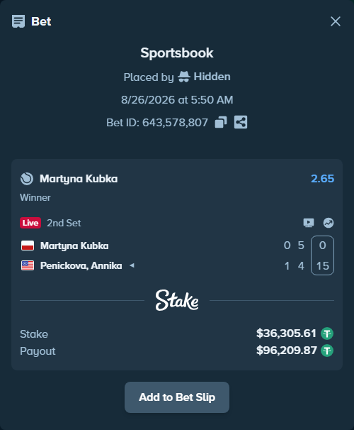 Bet slip: Martyna Kubka - Penickova, Annika, $36,305.61 stake at 2.65 odds, placed by Hidden