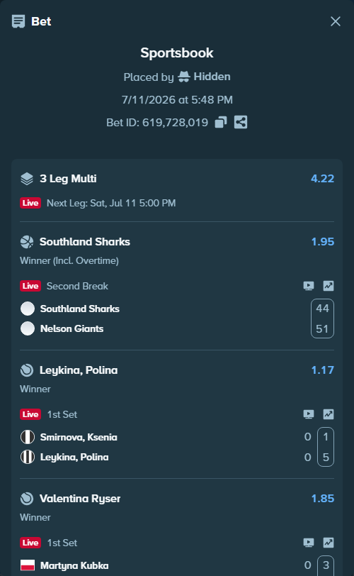 Bet slip: Martyna Kubka - Valentina Ryser, $10,770.00 stake at 1.85 odds, placed by Hidden