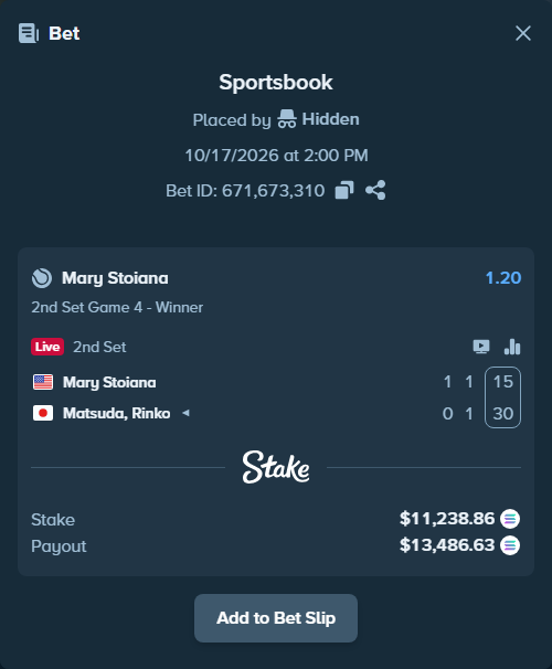 Bet slip: Mary Stoiana - Matsuda, Rinko, $11,265.23 stake at 1.20 odds, placed by Hidden