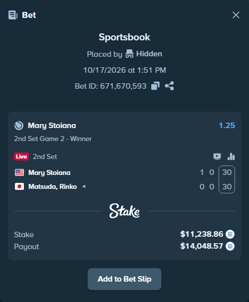 Bet slip: Mary Stoiana - Matsuda, Rinko, $11,267.58 stake at 1.25 odds, placed by Hidden