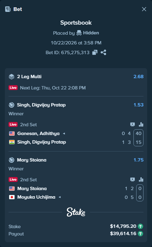 Bet slip: Mary Stoiana - Moyuka Uchijima, $14,810.00 stake at 1.75 odds, placed by Hidden