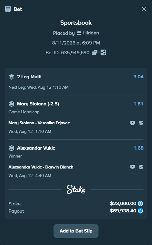 Bet slip: Mary Stoiana - Veronika Erjavec, $23,000.00 stake at 1.81 odds, placed by Hidden