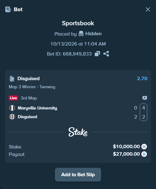 Bet slip: Maryville University - Disguised, $10,061.39 stake at 2.70 odds, placed by Hidden