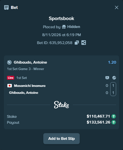 Bet slip: Masamichi Imamura - Ghibaudo, Antoine, $110,578.18 stake at 1.20 odds, placed by Hidden