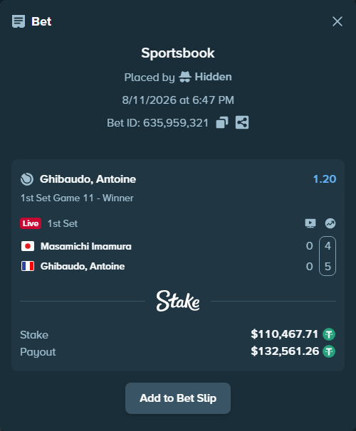 Bet slip: Masamichi Imamura - Ghibaudo, Antoine, $110,578.18 stake at 1.20 odds, placed by Hidden
