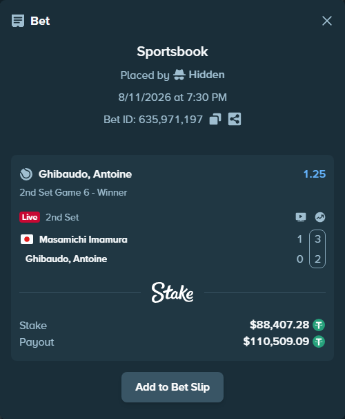 Bet slip: Masamichi Imamura - Ghibaudo, Antoine, $88,495.68 stake at 1.25 odds, placed by Hidden