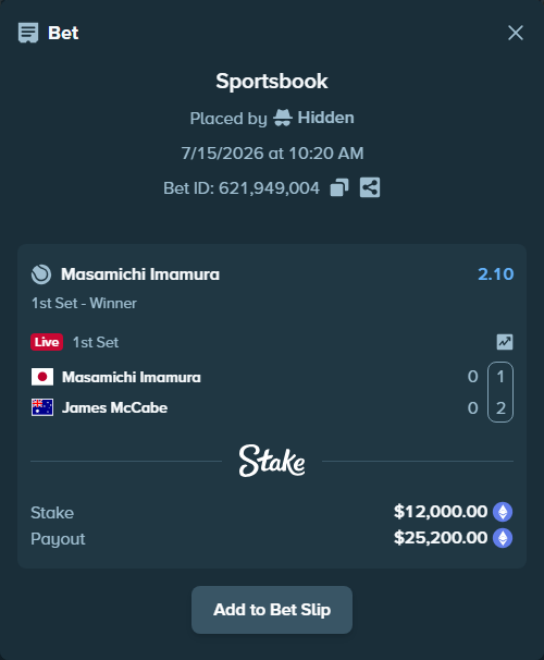 Bet slip: Masamichi Imamura - James McCabe, $12,159.19 stake at 2.10 odds, placed by Hidden