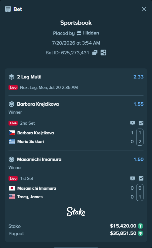 Bet slip: Masamichi Imamura - Tracy, James, $15,420.00 stake at 1.50 odds, placed by Hidden