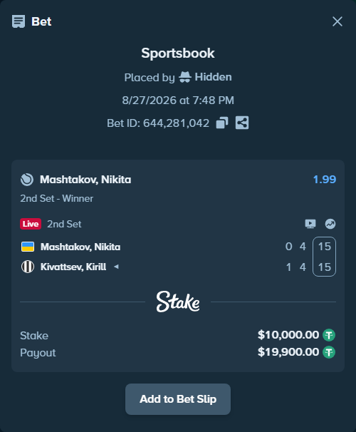 Bet slip: Mashtakov, Nikita - Kivattsev, Kirill, $10,000.00 stake at 1.99 odds, placed by Hidden