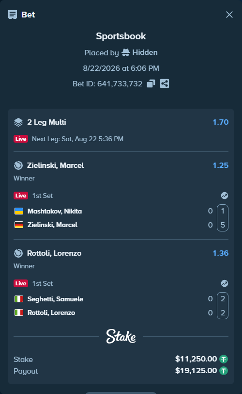 Bet slip: Mashtakov, Nikita - Zielinski, Marcel, $11,250.00 stake at 1.25 odds, placed by Hidden