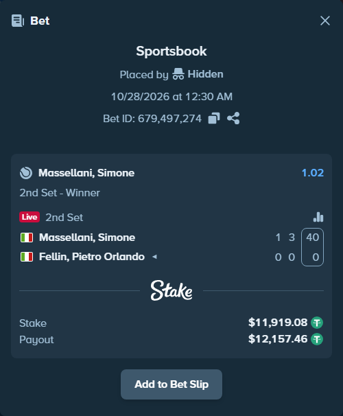 Bet slip: Massellani, Simone - Fellin, Pietro Orlando, $11,931.00 stake at 1.02 odds, placed by Hidden