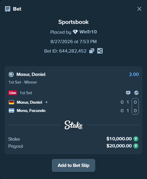 Bet slip: Masur, Daniel - Mena, Facundo, $10,000.00 stake at 2.00 odds, placed by WinTr10
