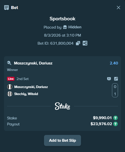 Bet slip: Maszczynski, Dariusz - Stechly, Witold, $10,000.00 stake at 2.40 odds, placed by Hidden