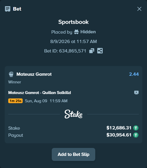 Bet slip: Mateusz Gamrot - Quillan Salkilld, $12,699.00 stake at 2.44 odds, placed by Hidden