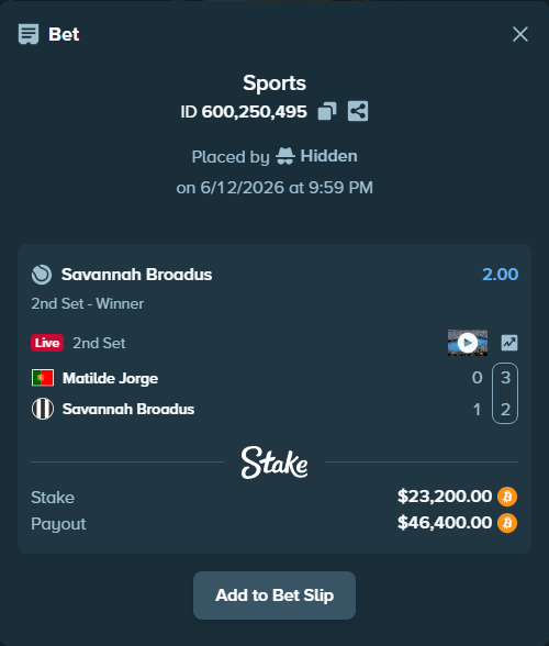 Bet slip: Matilde Jorge - Broadus, S, $23,461.41 stake at 2.00 odds, placed by Hidden
