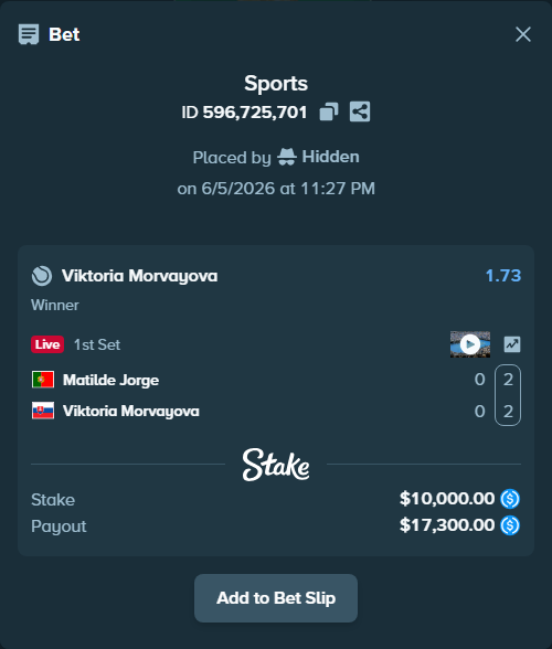 Bet slip: Matilde Jorge - Viktoria Morvayova, $10,000.00 stake at 1.73 odds, placed by Hidden
