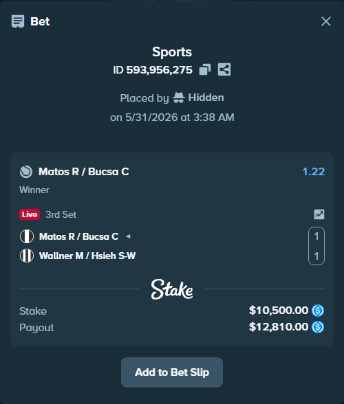 Bet slip: Matos R / Bucsa C - Wallner M / Hsieh S-W, $10,500.00 stake at 1.22 odds, placed by Hidden