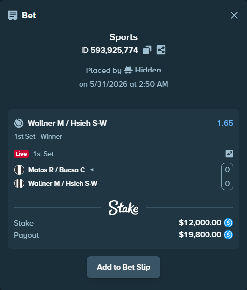 Bet slip: Matos R / Bucsa C - Wallner M / Hsieh S-W, $12,000.00 stake at 1.65 odds, placed by Hidden