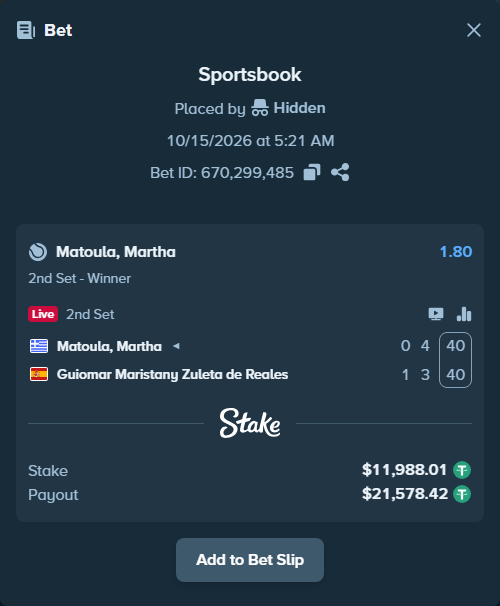 Bet slip: Matoula, Martha - Guiomar Maristany Zuleta de Reales, $12,000.00 stake at 1.80 odds, placed by Hidden