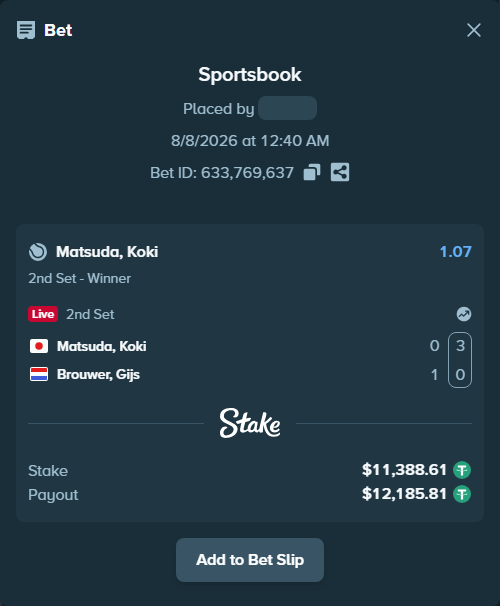 Bet slip: Matsuda, Koki - Brouwer, Gijs, $11,400.00 stake at 1.07 odds, placed by diomancy