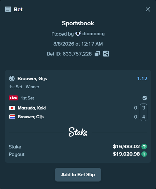 Bet slip: Matsuda, Koki - Brouwer, Gijs, $17,000.00 stake at 1.12 odds, placed by diomancy