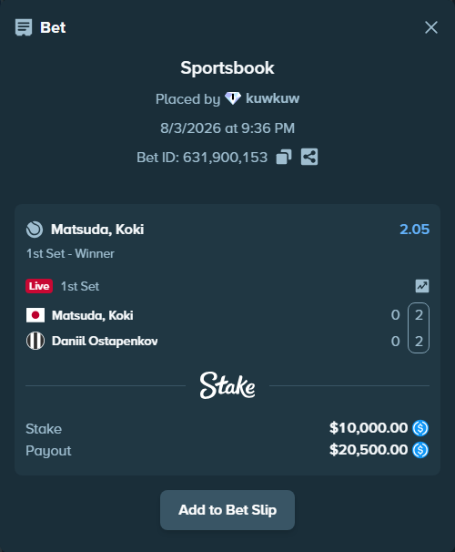 Bet slip: Matsuda, Koki - Daniil Ostapenkov, $10,000.00 stake at 2.05 odds, placed by kuwkuw
