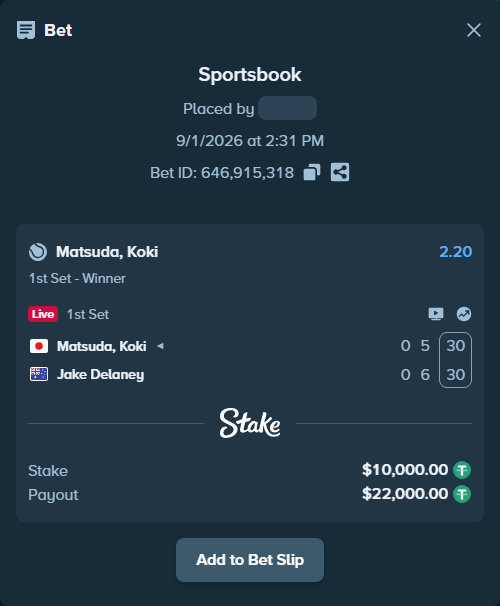 Bet slip: Matsuda, Koki - Jake Delaney, $10,000.00 stake at 2.20 odds, placed by haroldfinchh