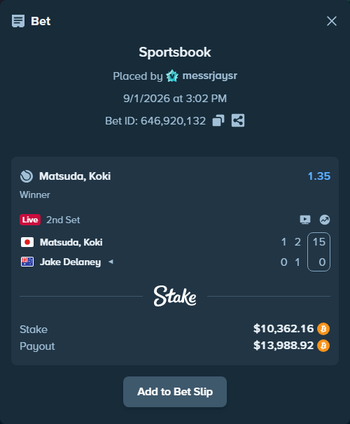 Bet slip: Matsuda, Koki - Jake Delaney, $10,341.62 stake at 1.35 odds, placed by messrjaysr