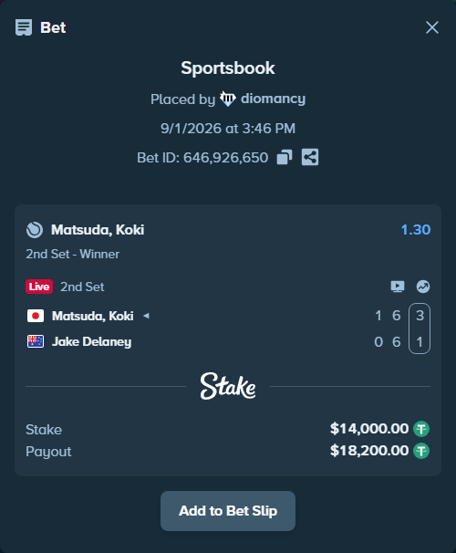 Bet slip: Matsuda, Koki - Jake Delaney, $14,000.00 stake at 1.30 odds, placed by diomancy