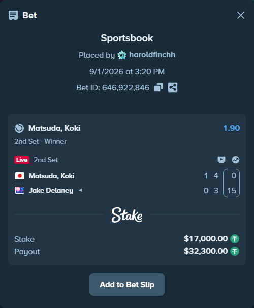 Bet slip: Matsuda, Koki - Jake Delaney, $17,000.00 stake at 1.90 odds, placed by haroldfinchh