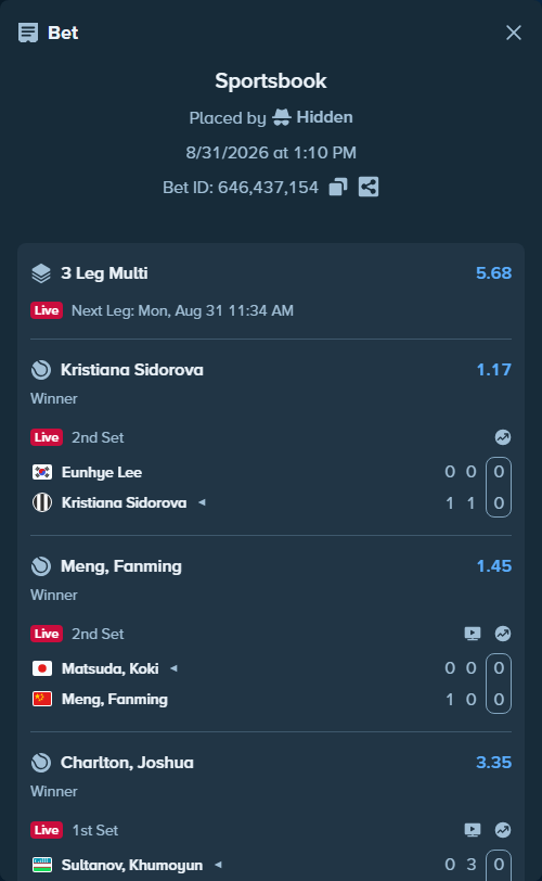 Bet slip: Matsuda, Koki - Meng, Fanming, $10,000.00 stake at 1.45 odds, placed by Hidden
