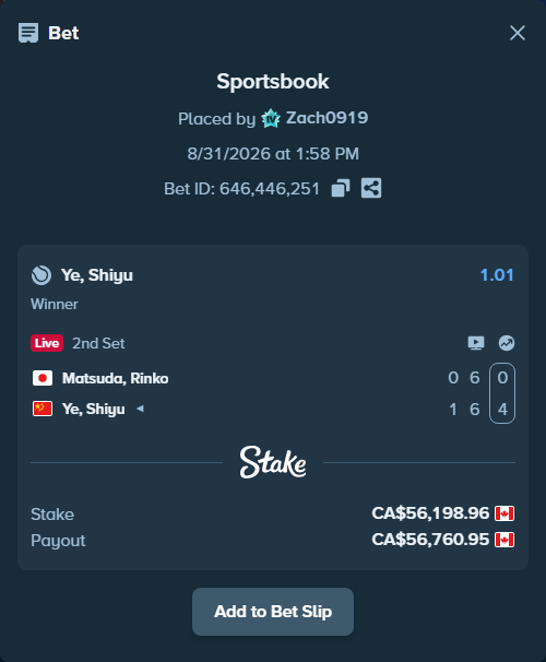 Bet slip: Matsuda, Rinko - Ye, Shiyu, $41,587.23 stake at 1.01 odds, placed by Zach0919