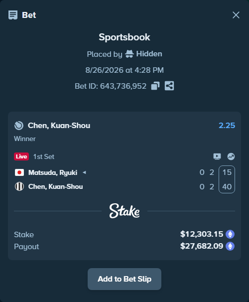 Bet slip: Matsuda, Ryuki - Chen, Kuan-Shou, $12,291.20 stake at 2.25 odds, placed by Hidden