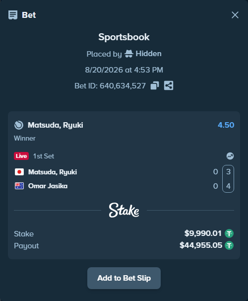 Bet slip: Matsuda, Ryuki - Omar Jasika, $10,000.00 stake at 4.50 odds, placed by Hidden