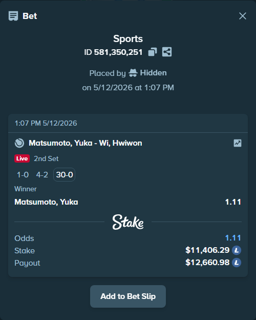 Bet slip: Matsumoto, Yuka - Wi, Hwiwon, $8,717.46 stake at 1.11 odds, placed by Hidden
