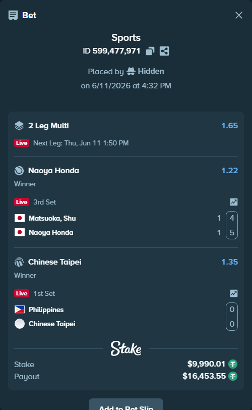 Bet slip: Matsuoka, Shu - Naoya Honda, $10,000.00 stake at 1.22 odds, placed by Hidden