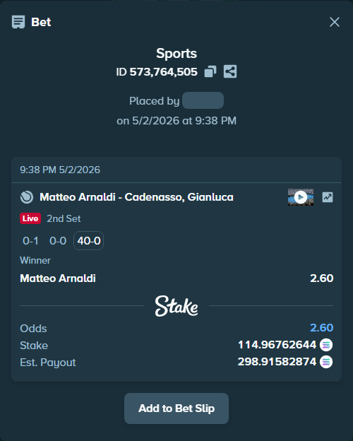Bet slip: Matteo Arnaldi - Cadenasso, Gianluca, $8,452.42 stake at 2.60 odds, placed by Prettylfacko98