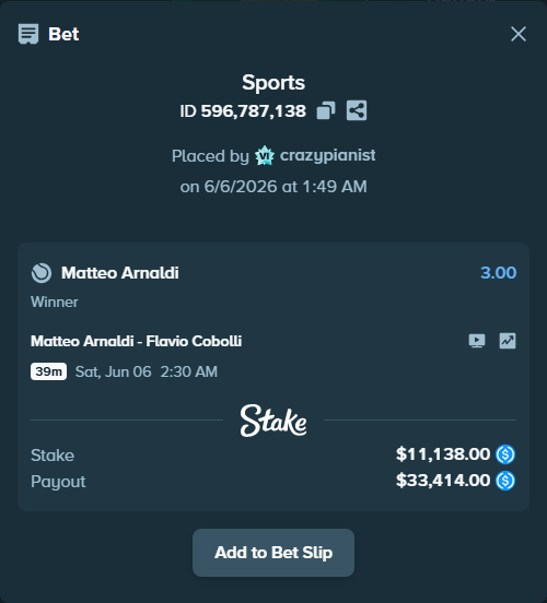 Bet slip: Matteo Arnaldi - Flavio Cobolli, $11,138.00 stake at 3.00 odds, placed by crazypianist