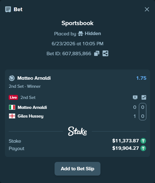 Bet slip: Matteo Arnaldi - Giles Hussey, $11,385.24 stake at 1.75 odds, placed by Hidden