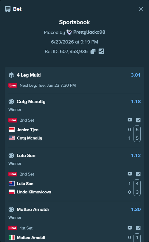 Bet slip: Matteo Arnaldi - Giles Hussey, $24,838.53 stake at 1.30 odds, placed by Prettylfacko98